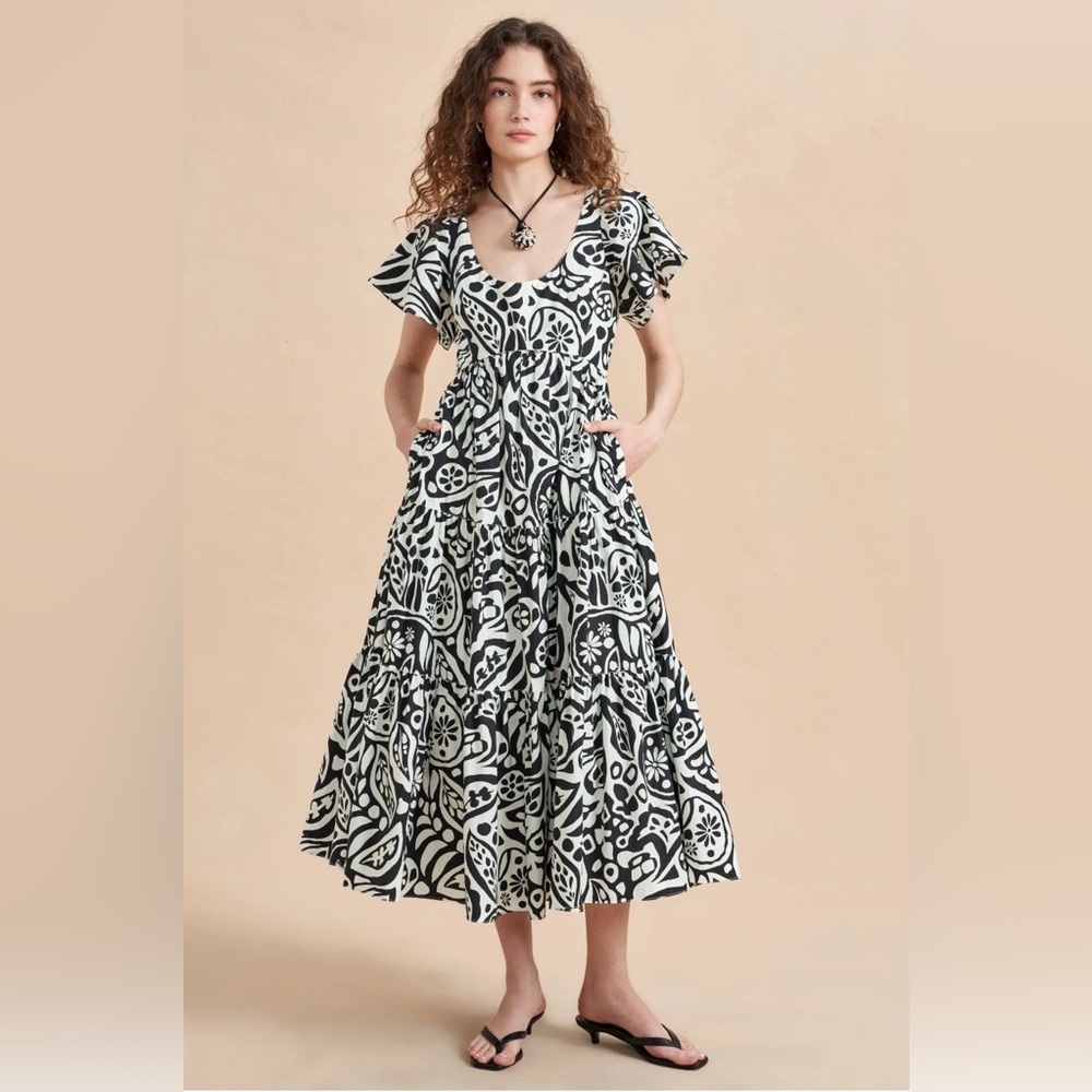 La Ligne B&W Abstract Floral Lace Up Back Tiered Midi Dress NWT XL